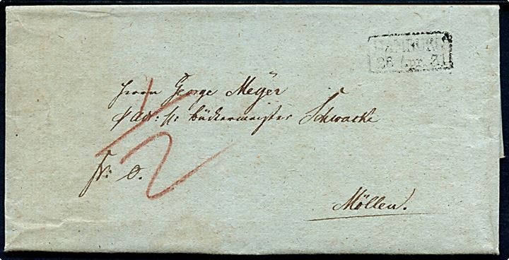 1831. Francobrev med fuldt indhold og rammestempel fra det hannoveransk postkontor Hamburg d. 26.4.1831 til Möllen.