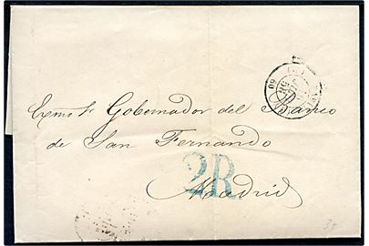 1856. Ufrankeret brev fra Paris d. 16.6.1856 til Madrid, Spanien. Ank.stemplet d. 21.6.1856. Blåligt grænsestempel 2R.