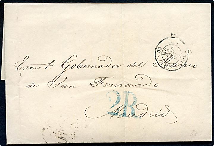 1856. Ufrankeret brev fra Paris d. 16.6.1856 til Madrid, Spanien. Ank.stemplet d. 21.6.1856. Blåligt grænsestempel 2R.