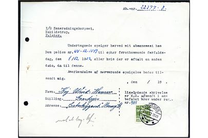 10 øre Bølgelinie benyttet som gebyrmærke stemplet i Odense d. 31.12.1952 på attesteret kopi af abonnementsopsigelse hos Zoneredningskorpset.