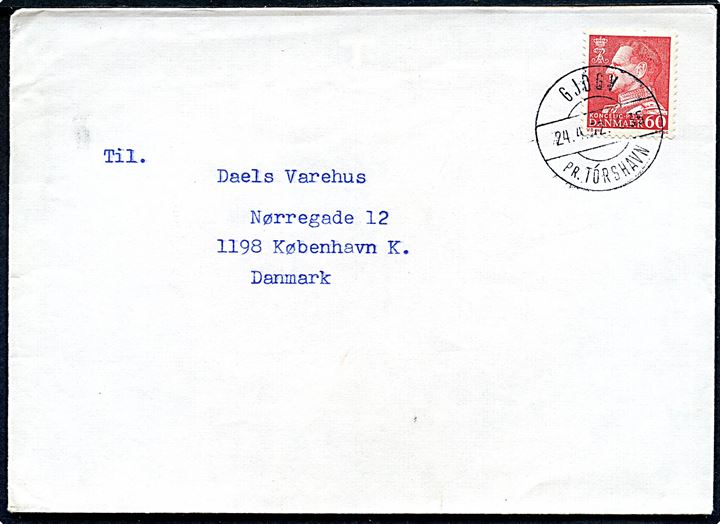 60 øre Fr. IX på brev annulleret med pr.-stempel Gjógv pr. Tórshavn d. 24.4.1972 til København.
