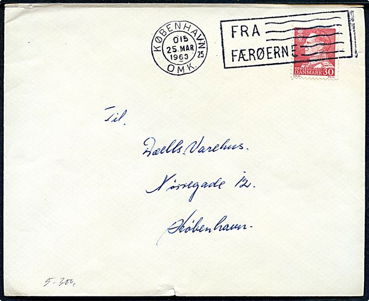 30 øre Fr. IX på brev annulleret med TMS skibsstempel København OMK.25/Fra Færøerne d. 25.3.1963 til København.