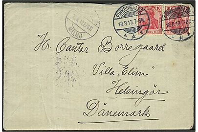 Tysk 10 pfg. Germania (2) på brev fra Finkenwalde d. 18.8.1913 via sejlende bureau Kjøbenhavn - Malmø 2.Post d. 19.8.1913 til Helsingør, Danmark.