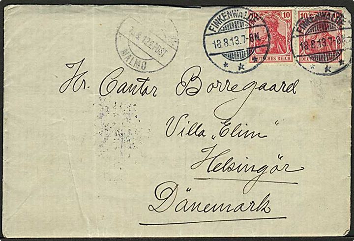 Tysk 10 pfg. Germania (2) på brev fra Finkenwalde d. 18.8.1913 via sejlende bureau Kjøbenhavn - Malmø 2.Post d. 19.8.1913 til Helsingør, Danmark.