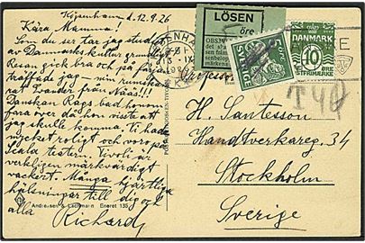 10 øre Bølgelinie på underfrankeret brevkort fra København d. 13.11.1926 til Stockholm, Sverige. 5 öre Lösen etiket og 5 öre Løve anvendt som portomærke.