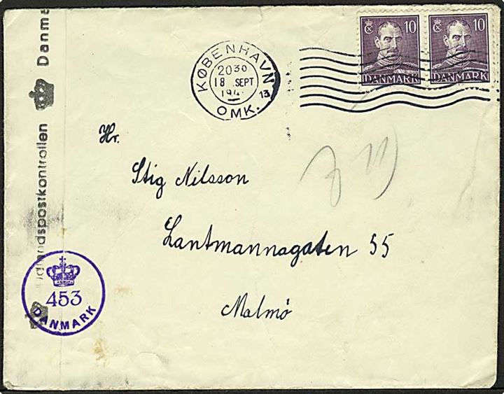 10 øre Chr. X i parstykke på brev fra København d. 18.9.1945 til Malmø, Sverige. Åbnet af dansk efterkrigscensur med stempel (krone)/453/Danmark. 