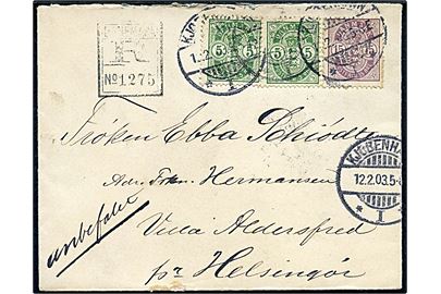 5 øre (2) og 15 øre Våben på anbefalet brev fra Kjøbenhavn I d. 12.2.1903 til Helsingør.