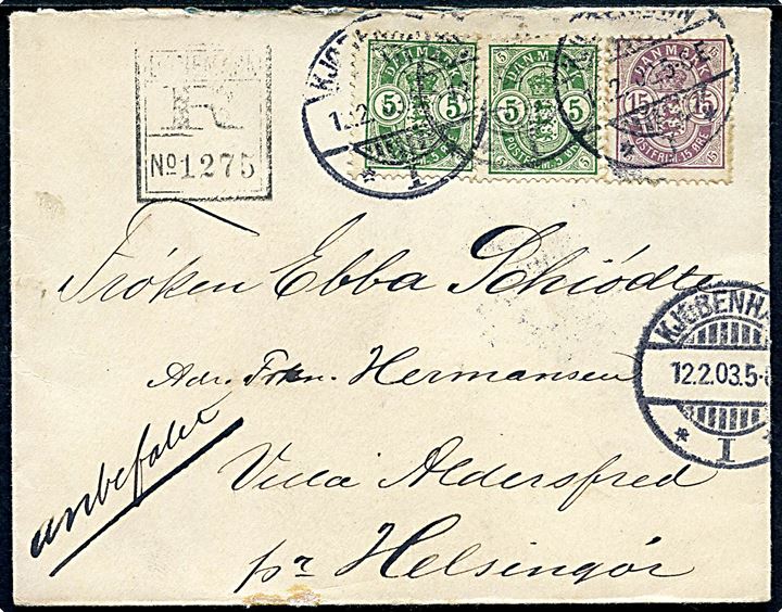 5 øre (2) og 15 øre Våben på anbefalet brev fra Kjøbenhavn I d. 12.2.1903 til Helsingør.
