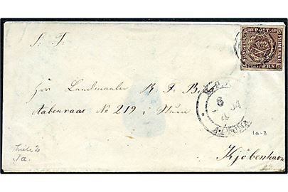 4 R.B.S. Thiele II med fuld rand på brev annulleret med svagt nr.stempel og sidestemplet antiqua K.P.A. Altona d. 6.4.1854 til Kjøbenhavn.
