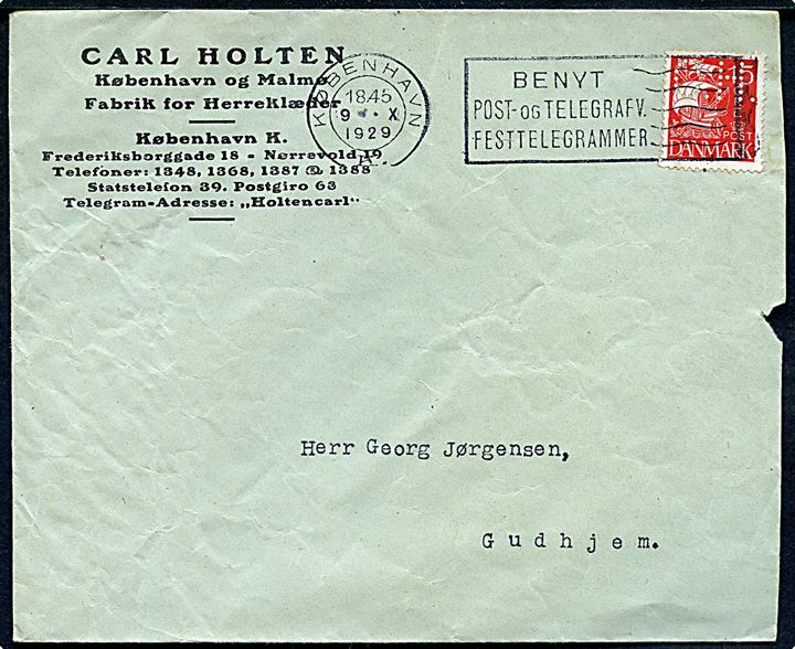 15 øre Karavel med perfin C.H. på firmakuvert fra Carl Holten i København d. 9.10.1929 til Gudhjem.