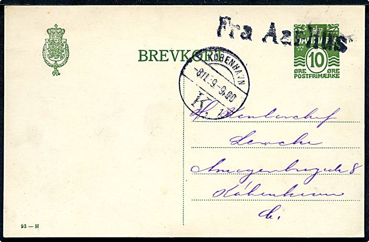 10 øre helsagsbrevkort (fabr. 93-H) annulleret med skibsstempel Fra Aarhus og sidestemplet København K. d. 8.11.1929 til København.