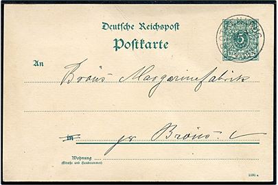 5 pfg. helsagsbrevkort fra Hellevad annulleret med enringsstempel Rothenkrug ** d. 24.8.1892 til Brøns.