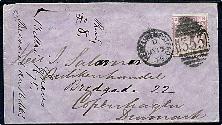 2½d Victoria single på brev annulleret med duplex Hemel Hempstead/353 d. 13.5.1878 til Kjøbenhavn, Danmark.
