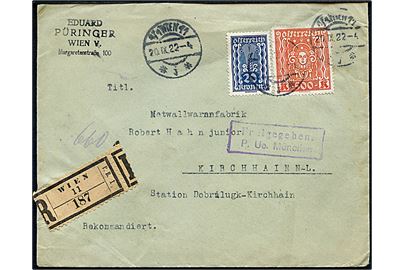 20 kr. og 500 kr. Infla udg. på anbefalet brev fra Wien d. 20.9.1922 til Kirchhain, Tyskland.Tysk told-kontrolstempel fra München: Freigegeben P. Ue. München.