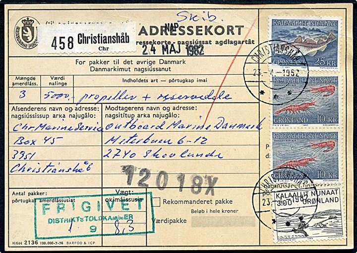 3 kr. Træsnit, 10 kr. Rejer (2) og 25 kr. Torsk på 48 kr. frankeret adressekort for pakke fra Christianshåb d. 23.4.1982 til Skovlunde.
