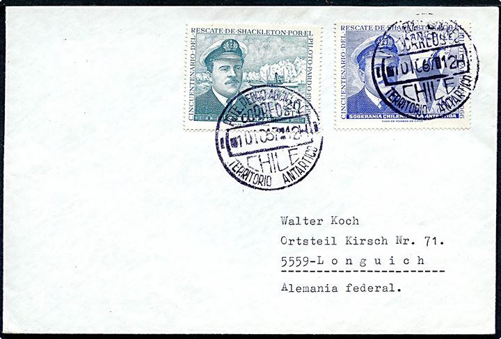 Komplet sæt polar udg. på brev annulleret ved den chilenske polarstation President Pedro Aguirre Cerda Station d. 1.12.1967 til Longuich, Tyskland.