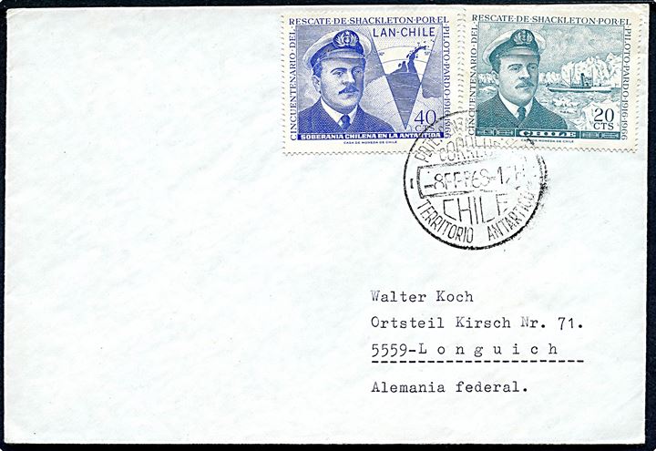 Komplet sæt polar udg. på brev annulleret ved den chilenske polarstation González Videla Base d. 8.2.1968 til Longuich, Tyskland.