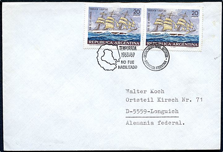 20 p. sejlskib i parstykke på brev annulleret med særstempel på den argentinske polarstation på Deception Island til Longuich, Tyskland.