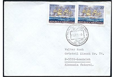 20 p. Sejlskib i parstykke på brev stemplet på den argentinske polarstation Islas Orcadas del Sur (South Orkney Islands) d. 17.1.1969 via Buenos Aires d. 14.2.1969 til Longuich, Tyskland.