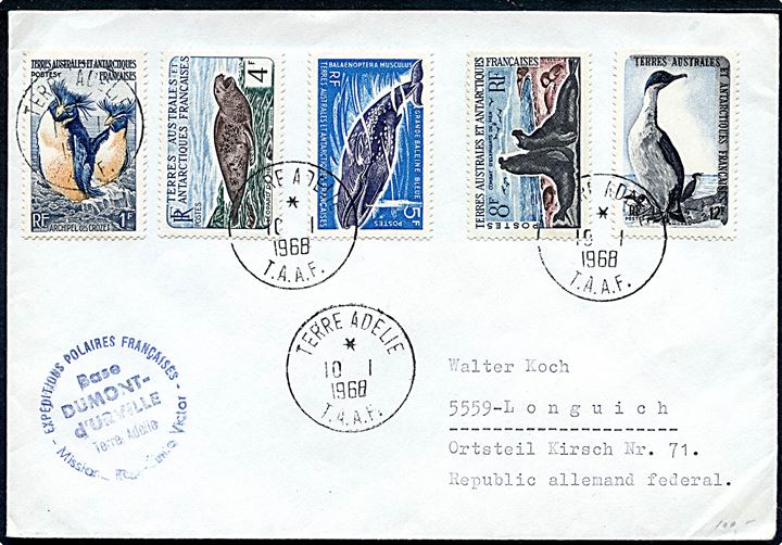 T.A.A.F. Blandingsfrankleret brev fra Base Dumont d'Urville stemplet Terre Adelie d. 10.1.1968 til Longuich, Tyskland.