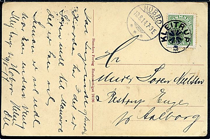 5 øre Chr. X på brevkort annulleret med stjernestempel KLEITRUP og sidestemplet Hobro d. 10.8.1914 til Aalborg.
