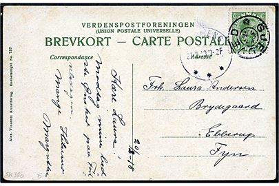 5 øre Chr. X på brevkort annulleret med stjernestempel GJEDVED og sidestemplet Horsens d. 21.2.1918 til Ebberup.