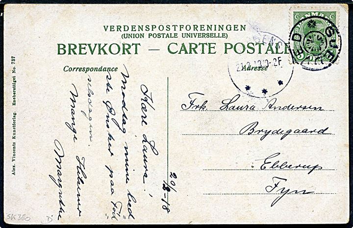 5 øre Chr. X på brevkort annulleret med stjernestempel GJEDVED og sidestemplet Horsens d. 21.2.1918 til Ebberup.