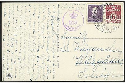 5 øre Bølgelinie og 10 øre Chr. X på brevkort fra Birkerød d. 11.8.1945 til Wårgårda, Sverige. Dansk efterkrigscensur: (krone)/513/Danmark.