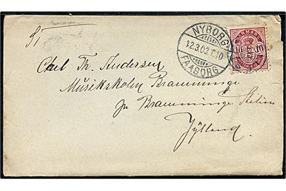 10 øre Våben på brev annulleret med stjernestempel ELLESTED og sidestemplet Nyborg - Faaborg T.40 d. 12.3.1903 til Bramminge.