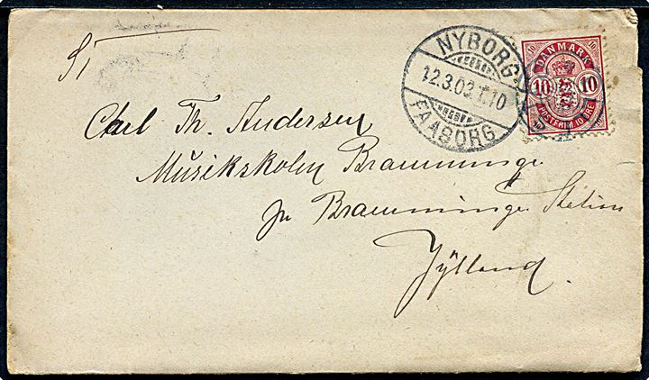 10 øre Våben på brev annulleret med stjernestempel ELLESTED og sidestemplet Nyborg - Faaborg T.40 d. 12.3.1903 til Bramminge.