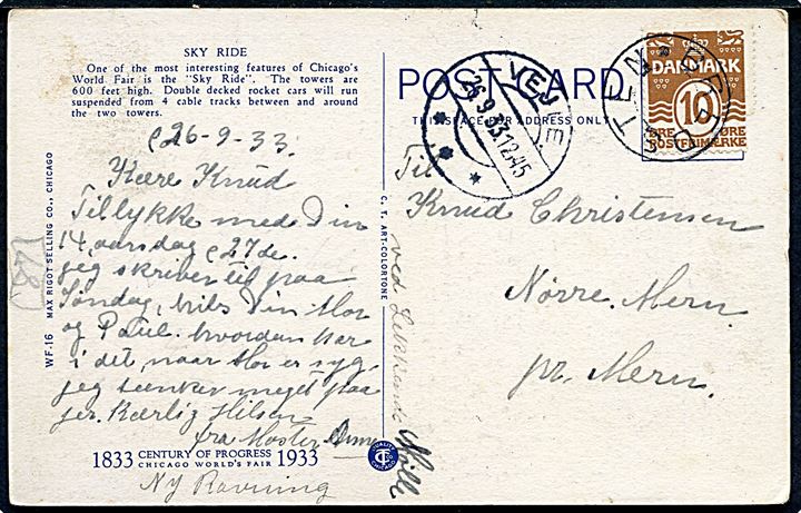 10 øre Bølgelinie på brevkort annulleret med udslebet stjernestempel BREDSTEN og sidestemplet Vejle d. 26.9.1933 til Mern.