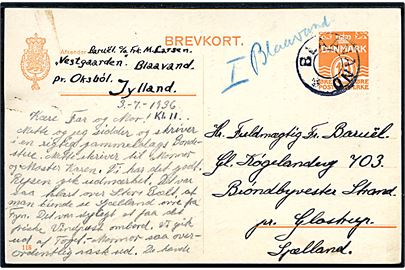 10 øre helsagsbrevkort (fabr. 118) dateret d. 3.7.1936 annulleret med udslebet stjernestempel BLAAVAND til Glostrup.