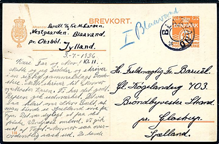 10 øre helsagsbrevkort (fabr. 118) dateret d. 3.7.1936 annulleret med udslebet stjernestempel BLAAVAND til Glostrup.
