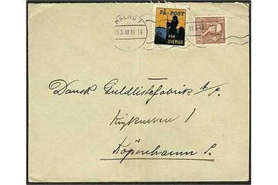 15 öre Linné og På Post för Sverige mærkat på brev fra Malmö d. 15.3.1940 til København, Danmark.