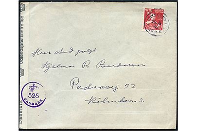 20 öre Svenska Flottan på brev fra Göteborg d. 29.9.1945 til København. Åbnet af dansk efterkrigscensur (krone)/528/Danmark.