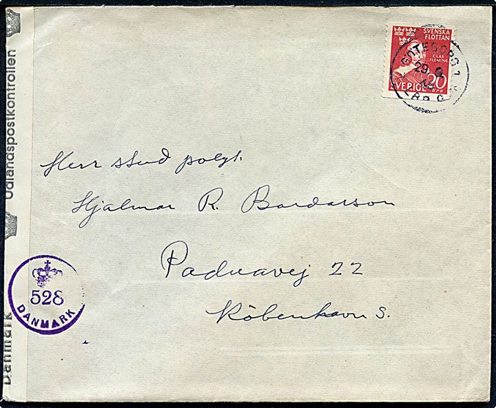 20 öre Svenska Flottan på brev fra Göteborg d. 29.9.1945 til København. Åbnet af dansk efterkrigscensur (krone)/528/Danmark.
