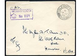 Ufrankeret O.A.S. feltpostbrev stemplet Field Post Office 306 (= Reykjavik) d. 19.7.1940 til England. Violet unit censur stempel: Passed by Censor No. 1171.