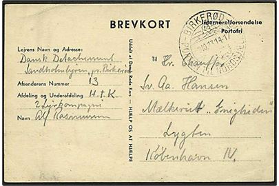 Ufrankeret fortrykt interneret brevkort stemplet Birkerød d. 9.10.1943 til København. Fra soldat i Danske Detachement, Sandholmlejren.