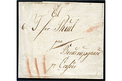 1802. Francobrev med indhold dateret i Kjøbenhavn d. 19.6.1802 til Bonderupgaard pr. Korsør. Flere porto påtegninger.