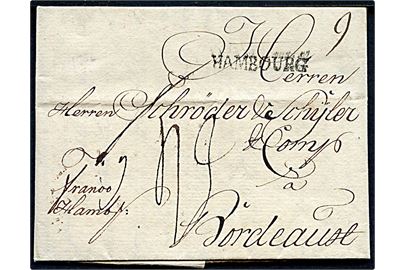 1776. Francobrev med indhold fra København d. 3.2.1776 via Hamburg og Paris til Bordeaux. Påskrevet Franco Hambg. og sort liniestempel HAMBOURG.