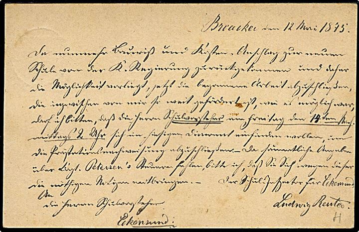 5 pfg. helsagsbrevkort annulleret Broacker d. 12.5.1875 til Grønland Keramik/Teglværksfabrik pr. Ekensund.