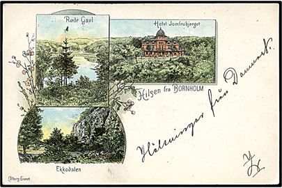 Hilsen fra Bornholm, med motiv fra Røde Gavl, Ekkodalen og Hotel Jomfrubjerget. Colberg u/no. Frankeret med 5 øre Oscar i 1901. 