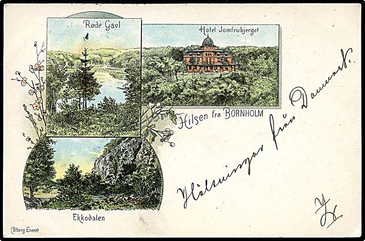 Hilsen fra Bornholm, med motiv fra Røde Gavl, Ekkodalen og Hotel Jomfrubjerget. Colberg u/no. Frankeret med 5 øre Oscar i 1901. 