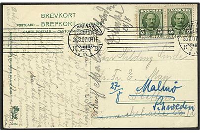 5 øre Fr. VIII i parstykke på brevkort fra Kjøbenhavn d. 26.8.1907 til Stettin, Tyskland - eftersendt til Malmö, Sverige.