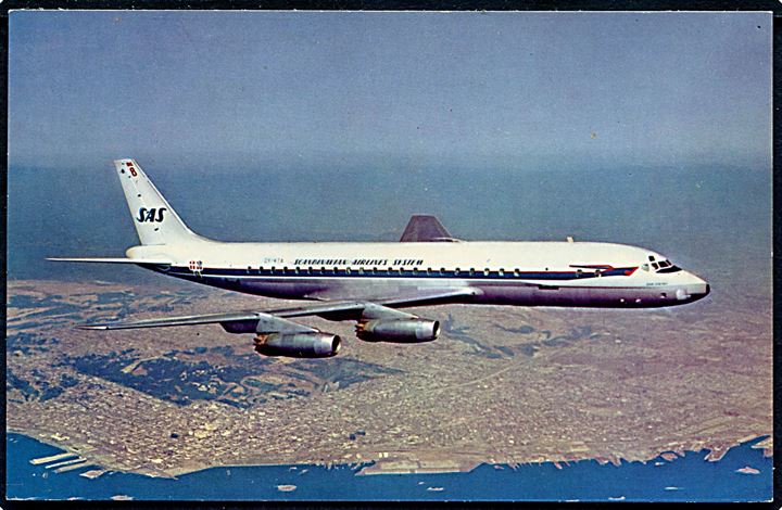 Douglas DC-8 OY-KTA Dan Viking fra SAS. Reklamekort STOSV 1520.