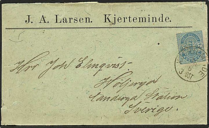 20 øre Våben på brev annulleret med lapidar Kjerteminde d. 18.6.1892 til Landsryd, Sverige.