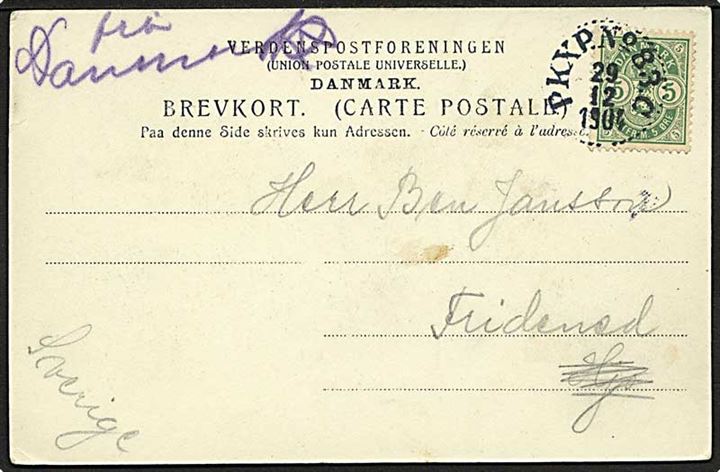 5 öre Våben på brevkort fra København annulleret med svensk bureaustempel PKXP No. 83C d. 29.12.1904 og håndskrevet Frå Danmark til Hjo, Sverige.