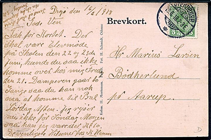 Drejø, Partier med bl.a. kirke og dampskibet Ærø. H. Schmidt u/no. Dateret på Drejø og annulleret i Svendborg d. 16.6.1918 til Aarup.