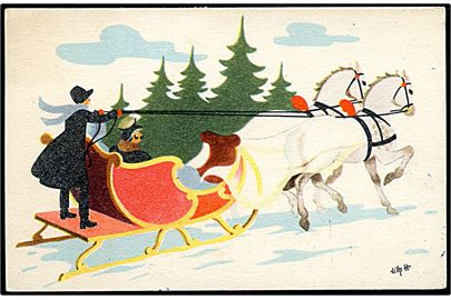 Vilhelm Hansen. Julekort 2 hvide heste trækker slæde. Stenders serie 693.