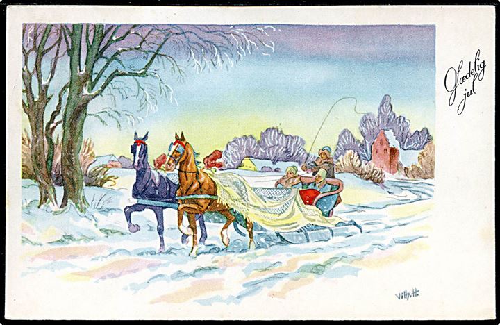 Vilhelm Hansen. Julekort 2 heste trækker slæde. Stenders serie 519/31.